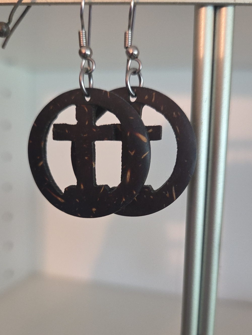 Handcrafted Dark Brown Wood Coconut Shell Cross Circle Earrings - Unbranded